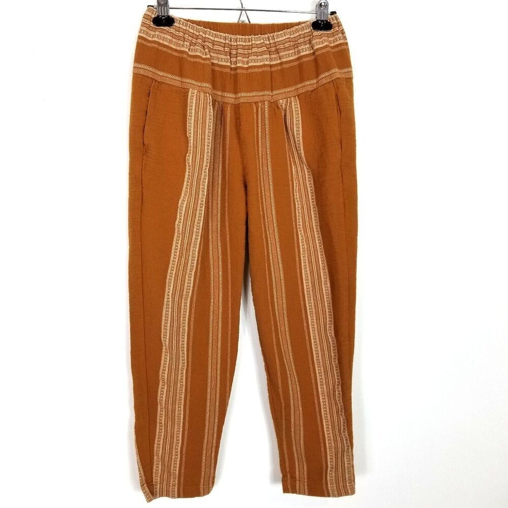 Free People Women Wide Yoke Pull On Pants Sz XS Brown Boho Striped Pull On